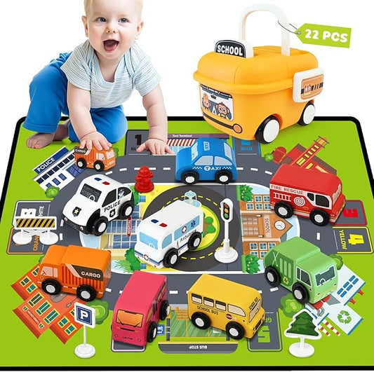 Toddler Car Toys, Wooden Cars Toys for Boy, 22 PCS Cars and Trucks Toy Vehicles Set with Traffic Signs, Playmat, Storage Box, Wood Montessori Toys for Toddlers Baby Birthday Educational
