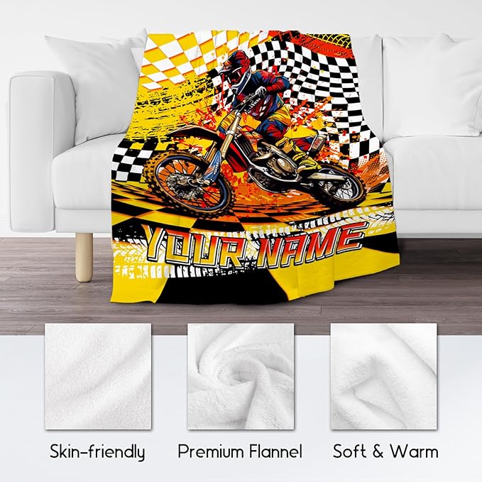 Personalized Blanket for Boys, Dirt Bike Blanket for Kids, Custom Gifts with Name, Toddler Plush Throw, Cool Throw for Men & Adults, 60"x80"