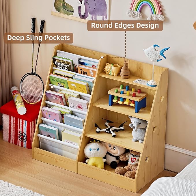 Lerliuo 4 Tier Kids Bookshelf and Storage Organizer, Five Layer Sling Children Bookcase, Baby Toddler Wooden Book Shelf, Display Cabinet for Playroom, Bedroom, Classroom, Nursery, School (Natural)