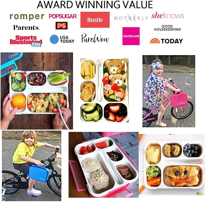 kinsho Bento Lunch Boxes with Bag and Ice Packs | Bento-Box Insulated Bag Ice Cold Pack Set of Two for Kids Adults | Value Container Set for School Kid Lunches, 6 Compartments BPA Free, Blue & Pink