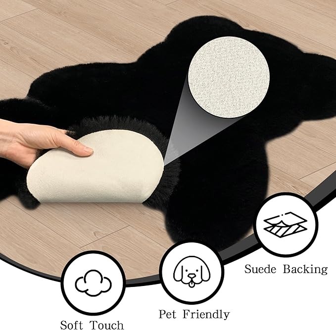 4.6x6 ft Black Bear Soft Fluffy Large Rug, Shaggy Faux Sheepskin Fur Rug Fuzzy Shag Area Rug Cute Plush Carpet for Nursery Kids Girls Bedroom Room Aesthetic Living Room Floor Home Decor, Black