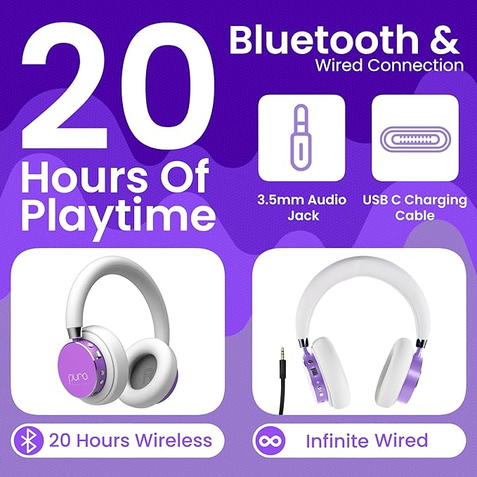 Puro Sound Labs Kids Wireless Headphones – Volume-Limiting 85dB, Built-in Mic, Studio-Grade Sound, 20-Hour Battery Life, Comfortable & Easy to Connect Kids Bluetooth Headphones – BT2200 Plus, Purple