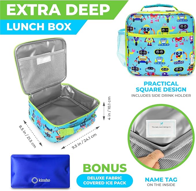 kinsho Bento Lunch Box and Insulated Bag, Water Bottle & Ice Pack Set for Kids Toddlers, 4 Portion Sections, Removable Tray, PreSchool Kid Toddler Daycare Lunches, Snack Container, Robot