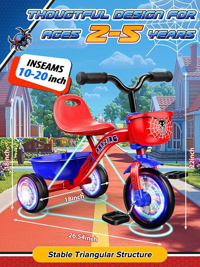 Tricycle for Toddlers 1-3 3-5 Year Olds, Spider Toddler Bike Baby Balance Bike with Colorful Lighting Wheels & Large Basket, Birthday Gift and Toy for 1 2 3 4 5 Year Olds Boys and Girls