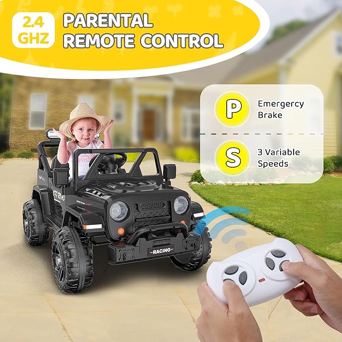12V Ride On Truck Car with Remote Control, Kids Electric Vehicles with Bluetooth Music, Horn, 3 Speeds, 4 LED Lights, Soft Start, Ride on Toys for Toddler Boys & Girls (Black)