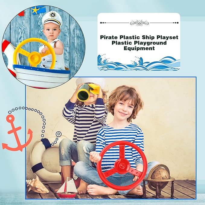 2 Pack Steering Wheel Playset Plastic Pirate Ships Wheel with Mounting Tools for Kids Playground Outdoor Gym (Yellow, Red)