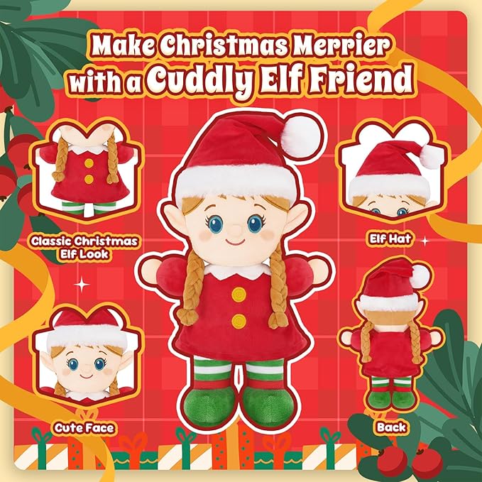 Christmas Elf Plush, Soft Baby Doll Girls First Baby Doll Toys Birthday Christmas Plushies Gift Elf Toy for Toddler Kids Infants