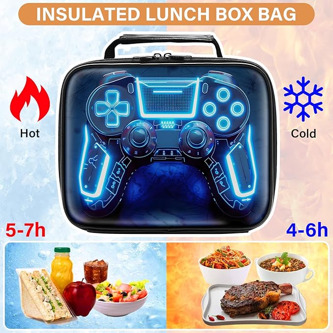 Gamer Lunch Box for Boys,Leather Boys Lunch Bag for Kids,Gamer Gifts for Kids,Insulated Video Game Lunchbox,Reusable Portable Lunchbox for School Travel Picnic Hiking Beach