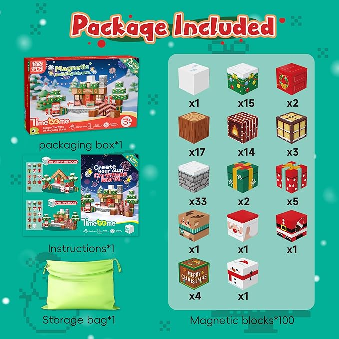 Magnetic Blocks, 100PCS Magnetic Building Block Cubes, STEM Montessori Sensory Toys for Kids Boys Girls Ages 3 4 5 6 7 8 9 10 (Christmas Version)