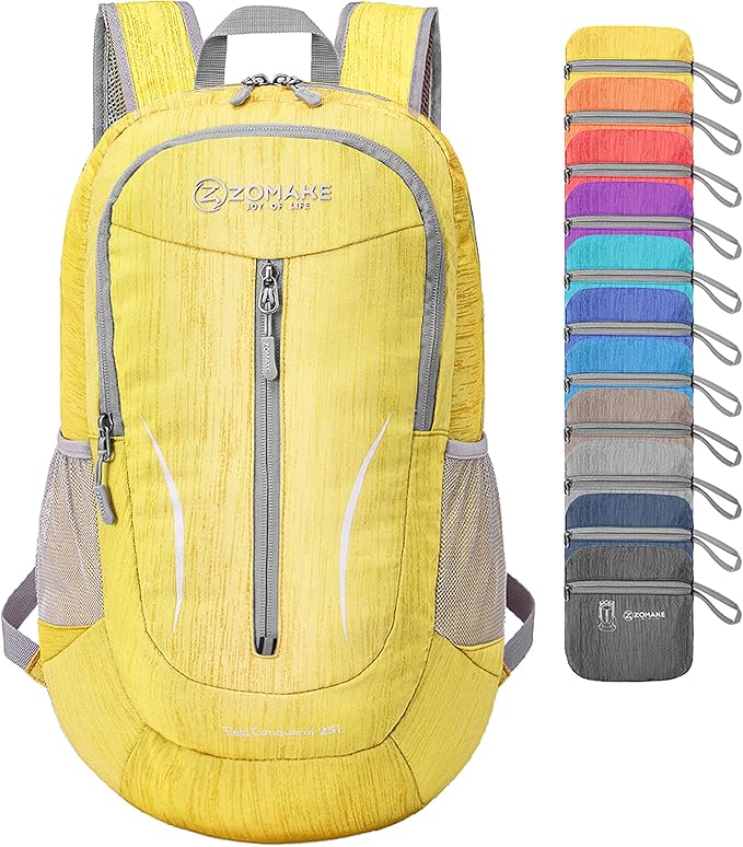 ZOMAKE 25L Ultra Lightweight Packable Backpack, Foldable Hiking Backpacks Water Resistant Small Folding Daypack for Travel(Yellow)
