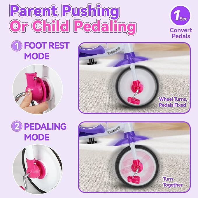 Liberry 2 in 1 Toddler Tricycle Age 2 3 4 Years Old, Kids Trike with Adjustable Push Rod, Bell & Basket, 3 Wheel Bike Riding Toy Birthday Gift for Girls Boys, Rose Purple