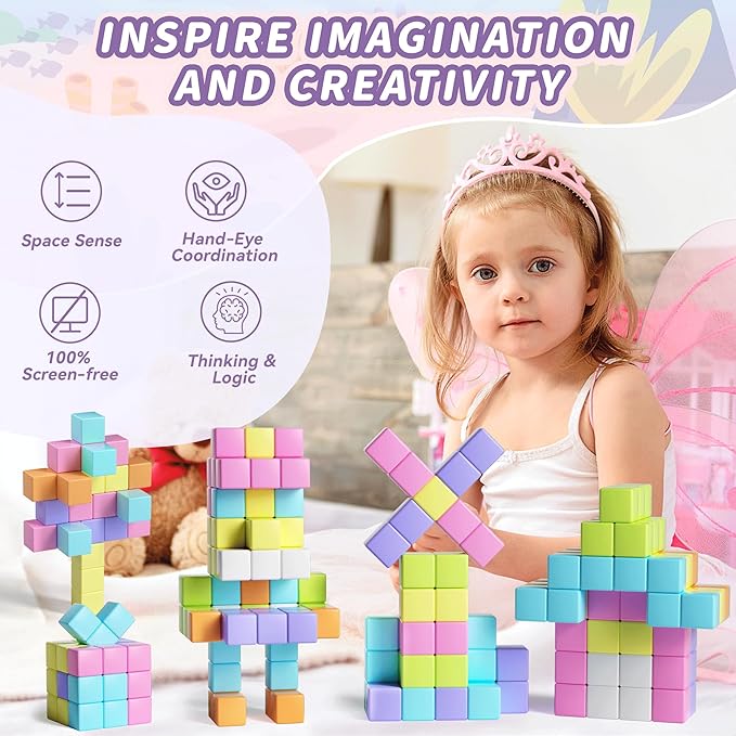 65PCS Magnetic Blocks with Magnet Eyes Toy, Magnetic Building Blocks with Storage Bag for Kids Gifts, STEM Preschool Sensory Magnetic Cubes for Toodlers Boys Girls Ages 3 4 5 6 7 8, Macaron Color