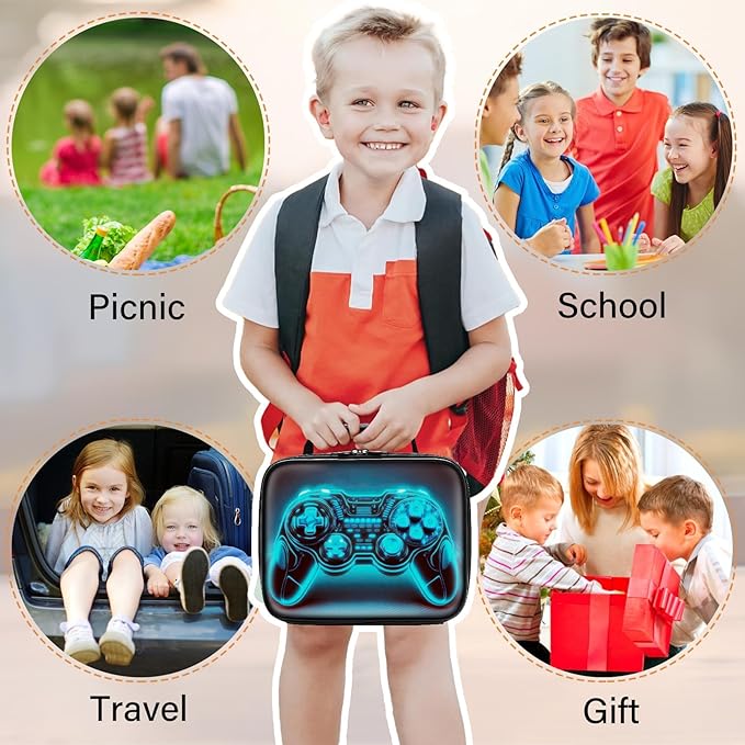 Gamer Lunch Box for Boys,Leather Boys Lunch Bag for Kids,Gamer Gifts for Kids,Insulated Video Game Lunchbox,Reusable Portable Lunchbox for School Travel Picnic Hiking Beach