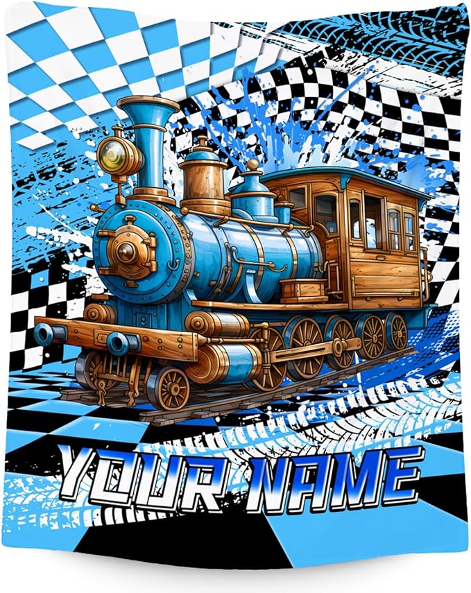 Kids Blanket, Train Blanket for Boys, Personalized Name Gifts for Child, Custom Cozy Flannel Car Throw for Bedroom & Living Room, 60"x80"
