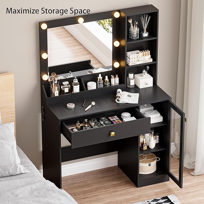 Small Vanity Desk with Mirror and Lights, Makeup Vanity Desk with Adjustable Brightness 3 Light Modes, RGB Storage Cabinet, Power Outlet, Drawer, Shelves, Vanity Table for Women Girls Bedroom