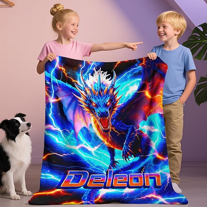Custom Dragon Blanket with Name Personalized Lightning Throw Blanket for Boys Toddlers Gifts for Couch Sofa Bed Decor(Boy-02)