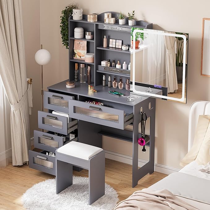HNEBC Vanity Desk with Sliding Mirror and LED Lights, RGB Vanitys with Charging Station, Makeup Vanitys with Remote Control, White Dresser with Stool/Lager Drawers for Bedroom (Grey)