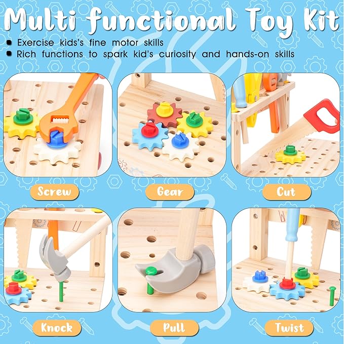 REXBETI Kids Tool Set, Wooden Toddler Tool Set with Apron, Toddler Tool Bench, Educational Montessori Toys for 3 Year Old Boys, Pretend Construction Kits, Birthday Gifts for 3 4 5 Year Old Boy Girl
