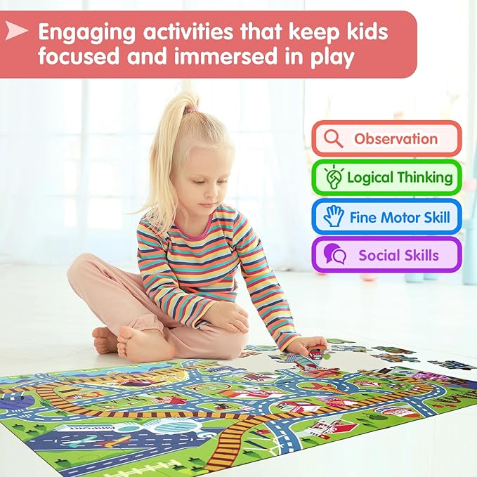City PlayMat Jumbo Floor Puzzle for Kids Ages 3-8，60-Piece Large Jigsaw Puzzles, Town Map with Race Tracks & Train Tracks，Educational Toy for Pretend Play, Ideal Gift for Preschoolers