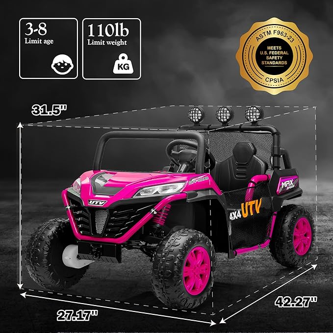 24V 2 Seater Ride on UTV Car, 4WD Ride on Toys for Kids with Remote Control, Shock Absorbers, LED Lights, Music, Off-Road Electric Car for Kids Boys Girls (Pink)