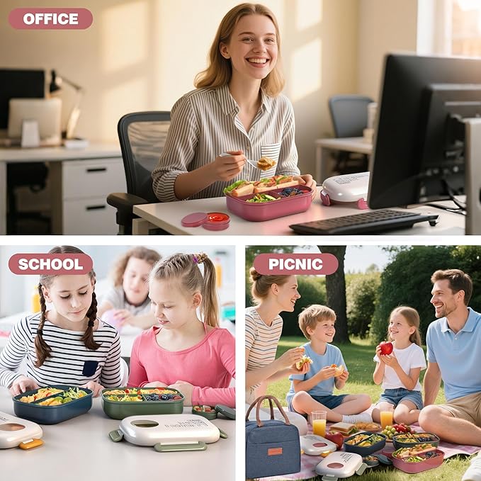 Lunch Box for Women & Adults - Kid-Friendly 37.2oz 3-Compartment Bento Box with Thick Insulated Lunch Bag, Leak-Proof with Sauce Container, Built-in Utensil Set, Dishwasher Safe (Claret)