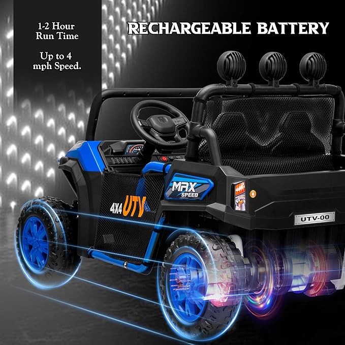 24V 2 Seater Ride on UTV Car, 4WD Ride on Toys for Kids with Remote Control, Shock Absorbers, LED Lights, Music, Off-Road Electric Car for Kids Boys Girls (Blue)