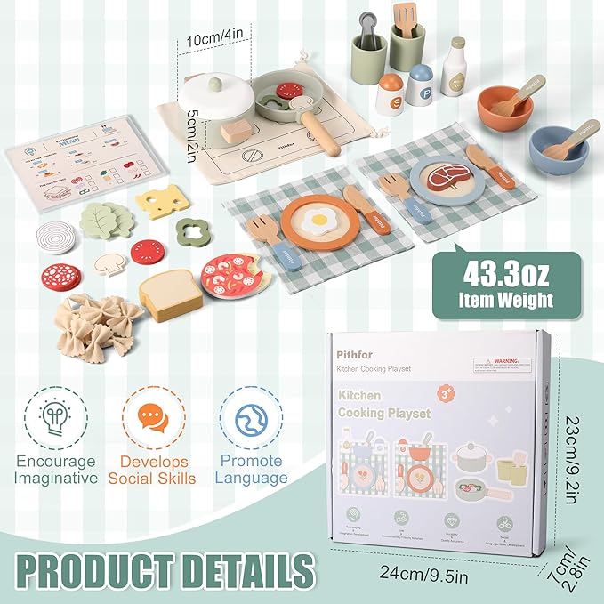 Wooden Play Cooking Set, Pretend Play Kitchen Accessories Toys Set for Kids Toddlers, Including Play Dishes, Pot and Pan, Utensils, Gifts for 3 4 5 Years Old Girls Boys