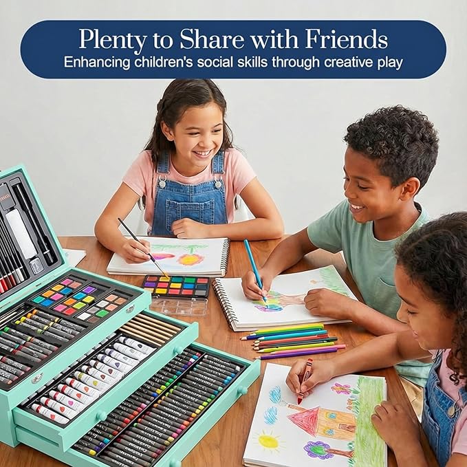 194 Piece Deluxe Art Set, Painting Drawing Art Supplies with 4 Drawing Pads, Acrylic Paints, Crayons, Colored Pencils Set in Wooden Case, Art Kit Gift Box for Kids, Teens, Adults, Artists, Beginners