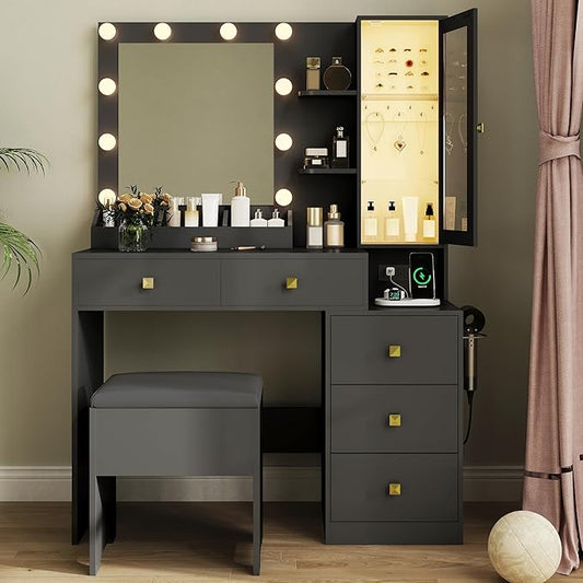 Vanity Desk with Mirror and Lights,Makeup Table with Charging Station & RGB Storage Cabinet,Large Drawer & Storage Shelves,5 Drawer,Bedroom Dressing Table, Black