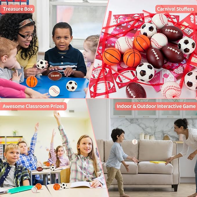 LiYiQ 28Pcs Valentines Day Gifts Cards with Basketball Soccer Football Baseball Stress Ball for Kids 2.36 Inch Sports Stress Balls Foam Bouncy Balls Ideal Valentine Gifts for Kids Classroom Exchange
