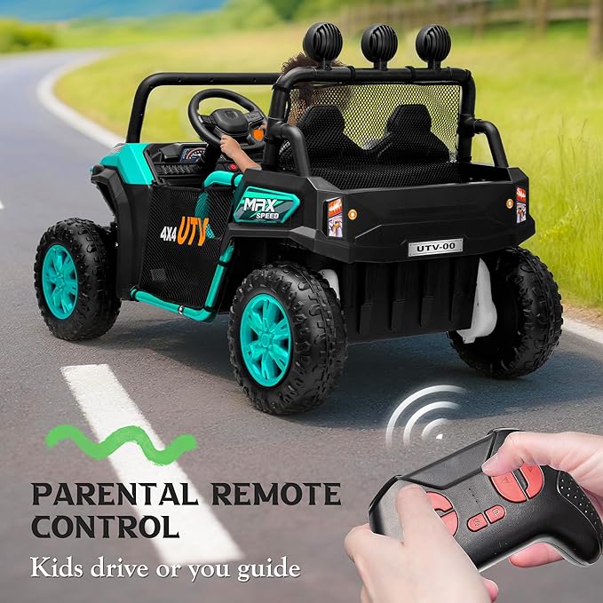 24V 2 Seater Ride on UTV Car, 4WD Ride on Toys for Kids with Remote Control, Shock Absorbers, LED Lights, Music, Off-Road Electric Car for Kids Boys Girls (Green)