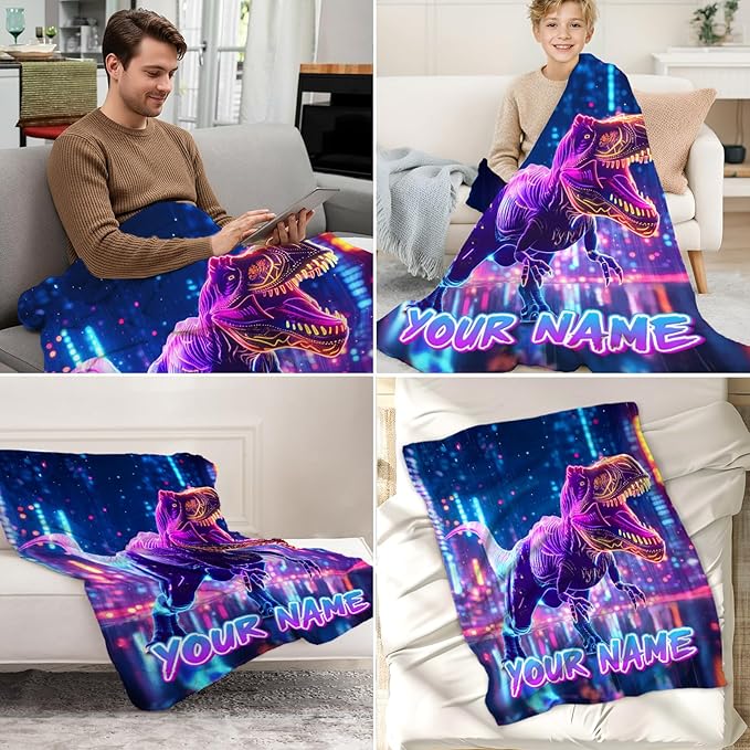 Custom Dinosaur Blankets Gifts for Boys - Teens Adult Fuzzy Dino Throw Blanket for Room, Work