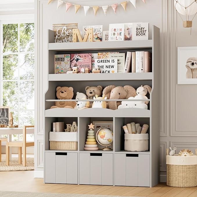 HITHOS 55.3" H Kids Bookshelf with Toy Storage Organizer, Tall Book Shelf with 3 Movable Toy Storage Bins, Large Kids Bookcase with Toy Chest, 39.2" W Modern Toys Box for Kid Room, Playroom, Gray