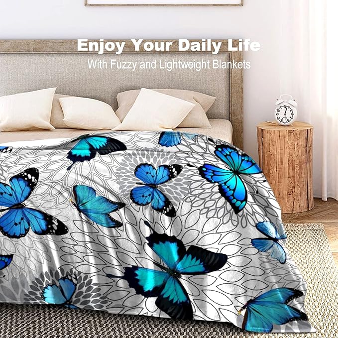 Butterfly Blanket Beautiful Blue Butterfly Throw Blanket Ultra Soft Flannel Butterflies Blanket Gifts for Kids Adults 60"X50"