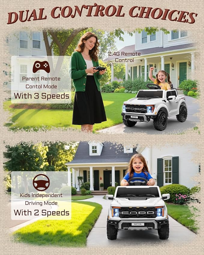 First Ride On Licensed Ford F-150 Raptor 12V Kids Ride on Truck, Ride on Toys for Toddlers with Remote Control, Electric Car for Kids with Truck Bed Storage, Smooth Start, Music, Bluetooth (White)