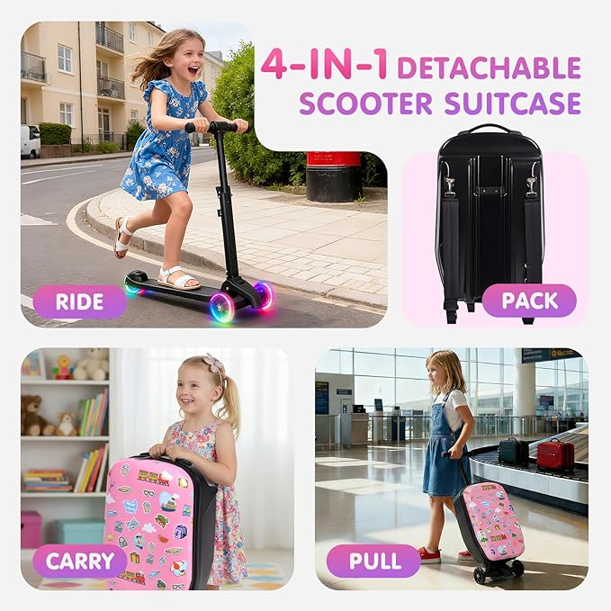 smilesun 4-in-1 Detachable Scooter Luggage for Kids & Teens, Foldable Hardside Ride On Suitcase with Wheels, Stylish and Safe Design(Pink)