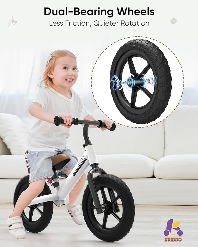 KRIDDO Toddler Balance Bike 2 Year Old, Kids Balance Bike for 2-5 Years Old, Dual Bearing for Smoother Riding, Adorable Plate, Adjustable Seat and Handlebar, Toddler Bike Gifts Age 2-3, White
