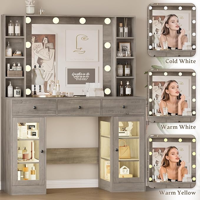 Makeup Vanity Desk with Mirror and Lights, Grey Vanity with Glass Top, LED Lights & Power Outlet, 3 Drawers & 2 RGB Glass Cabinets, Adjustable Lighted Dressing Table for Women & Girls Bedroom
