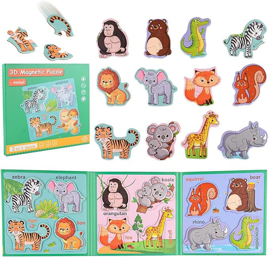 ASTARON 3D Magnetic Animal Puzzle with 60 Puffy Stickers for Toddlers, 41 Pieces Puzzles Preschool Education Learning Travel Toys Car Plane Activities for Kids Road Trip Birthday Gifts