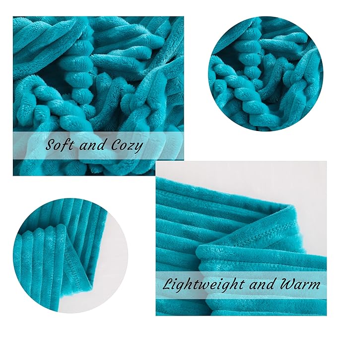 NTBAY Plush Flannel Twin Bed Blanket, 60x80 Inches Soft and Warm Lightweight Bed Blanket with Striped Texture for Couch, Sofa, All Seasons, Turquoise