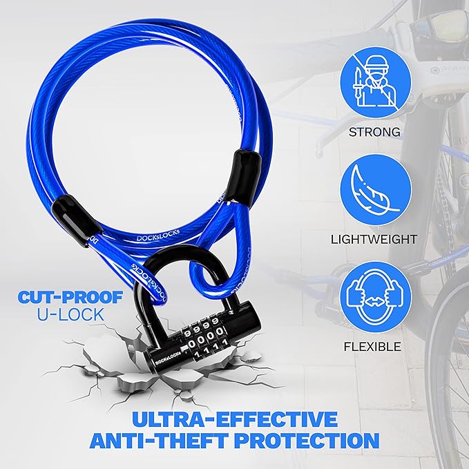 Security Cable Lock Set (5' to 25') Looped Ends, Weatherproof, Keyless Compact U-Lock with Combination, Anti-Theft for Bikes Equipment 10ft