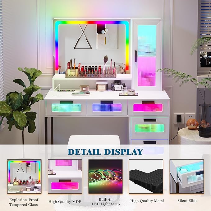 HNEBC RGB Vanity Desk with Mirror and Lights, LED Vanity Makeup Desk with USB/Wireless Charger Station, Vanities Dressing Table Sets with 6 Drawers/Cabins/Stool/Shelves for Bedroom&Cloakroom,White