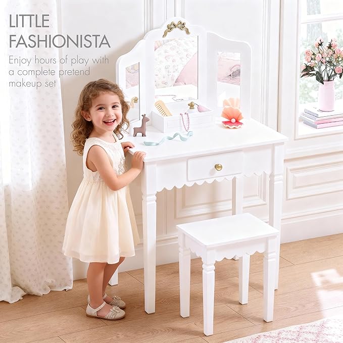 Spirich Pretend Play Kids Vanity Set with Mirror and Stool, Kids Make Up Vanity Desk for Little Girls, Children Makeup Dressing Table with Drawer