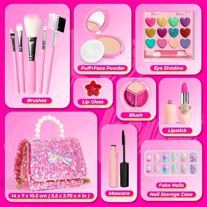 ULOVEME Kids Real Makeup Kit for Little Girls - Real, Non Toxic, Washable Make Up Toy - Umicorn Toys Gift for 3 4 5 6 7 8 9 10 12 Years Old Girls Birthday (Sequin Purse)