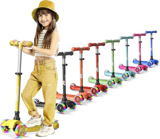 Lifemaster Mini 3-Wheel Kids Scooter with Multi-Color Wheel Lights – 4-Height Adjustable Handlebar, Wide Anti-Slip Deck, Child Safety Certified, Boys & Girls Ages 2+ Supports Up to 110 lbs