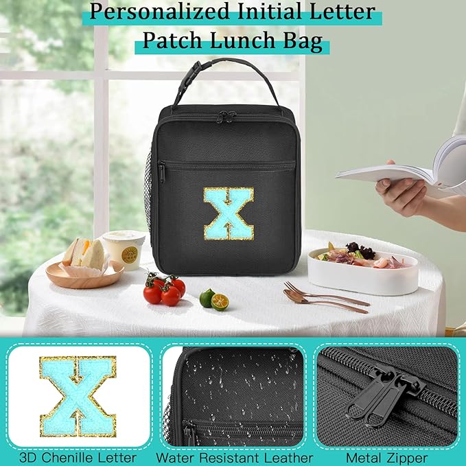 Initial Insulated Lunch Bag, Lunch Box with Initial Letter Patch for Teen Adult, Reusable Lunch Bag for Men Women, Ideal Back to School Gift Birthday Gift, Blue X