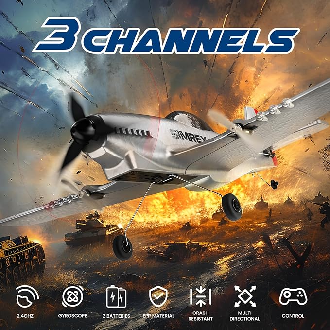 SIMREX RC Plane for Kids - 2.4GHz 3-Channel Remote Control Airplane Toy with 6-Axis Gyro, 2 Speeds, 2 Batteries, P51 RC Airplane, Foam Glider - Gift for Boys & Girls