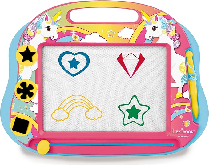 LEXiBOOK, Multicolor Magic Magnetic Unicorn Drawing Board, Artistic Creative Toy for Girls and Boys, Stylus Pen and Stamps, Pink/Blue, CRUNI550