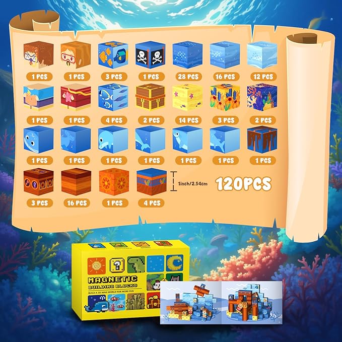 Magnetic Blocks— 120PCS Magnet Toys for Kids, Magnetic Building Blocks Cubes, Montessori Sensory Stacking Magnets, School STEM Toys Birthday Gifts for Boys and Girls Age 3+ Years Old (Ocean Explore)