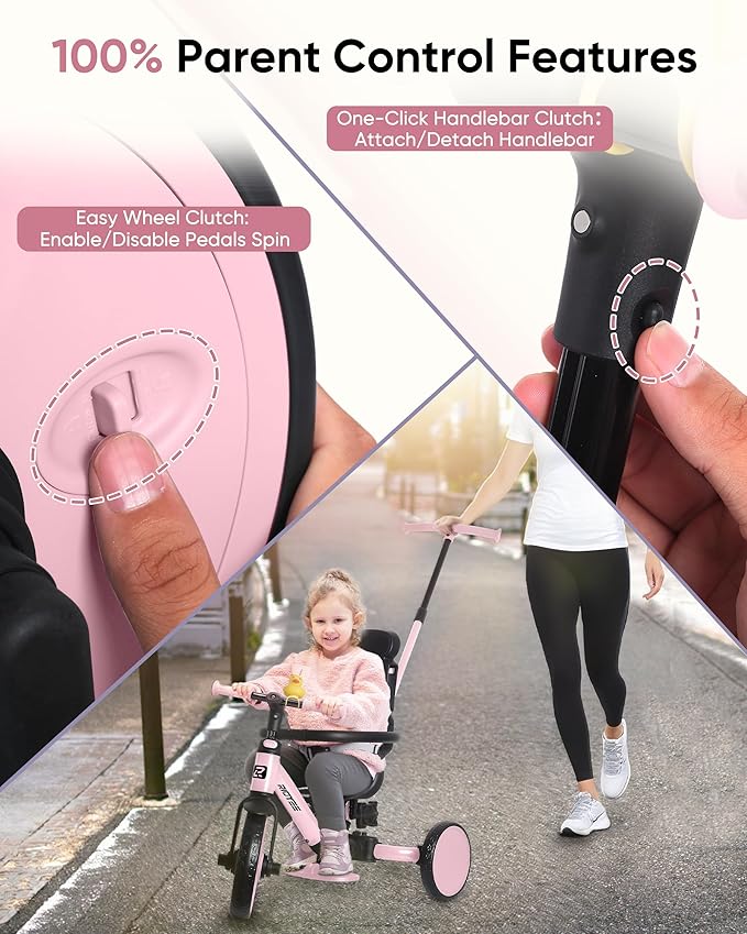 8-in-1 Tricycle for 1.5-5 Years, Tool-Free Switch, Toddler Tricycle with Parent Steering Control Handle for 1.5 to 5 Yrs, Toddler Trike 1.5-3 Years with 5-Point Harness and Large Canopy, Pink
